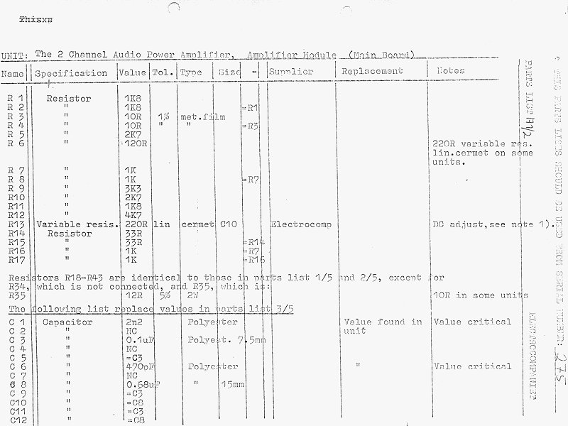 Component list for serial numbers above 275, part 1 of 2